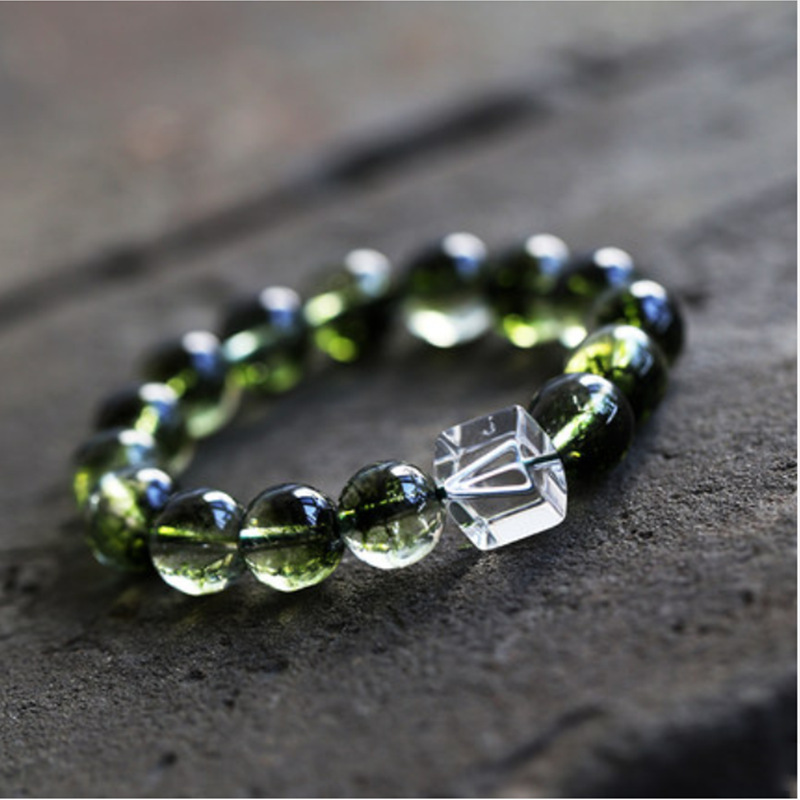 Moldavite Transformation Bracelet with Clear Quartz Cube
